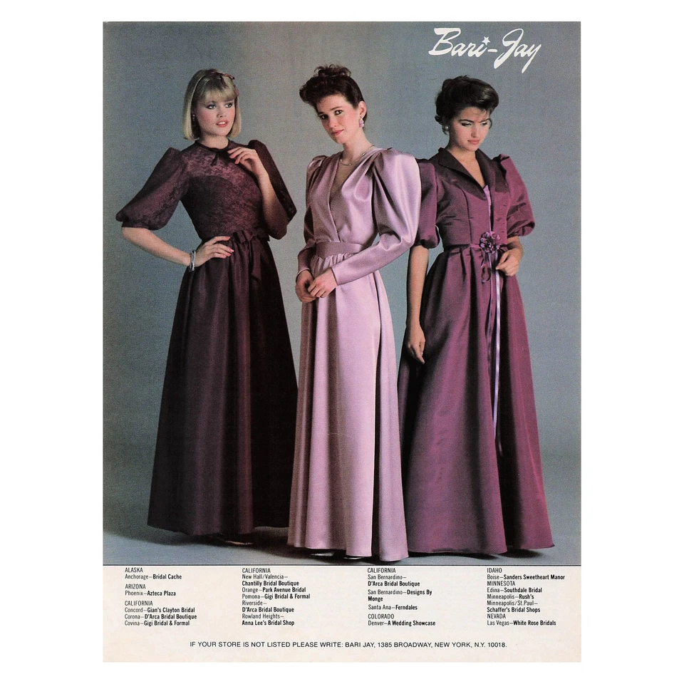 Vestido de Dama de honor Bari Jay púrpura años 80 moda vintage revista impresión anuncio 1983 Foto 1 de 1
