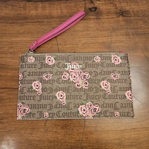Juicy Couture Pink Bloom Brown Rose Print Wristlet Zip Pouch Clutch Wallet  - Picture 1 of 7
