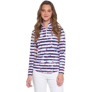 IBKUL Memorial Mock Neck Top Size S M L Navy Long Sleeve Shirt Stars Stripes NWT - Picture 1 of 5