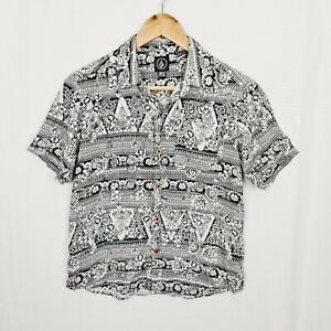 VOLCOM Size 12 Black & White Floral Collared Short Sleeve Button Up Top