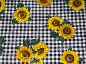 7/8+ Yd Black & White Check w/ Sunflowers Cotton Fabric by VIP Cranston 33"X44" - Picture 1 of 5