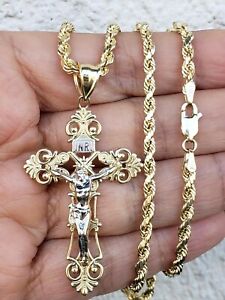 14k yellow gold INRI Jesus crucifix cross pendant charm 3 mm rope chain set 20"