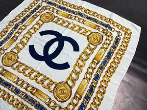 Vintage Chanel 31 Rue Cambon Paris Silk Scarf White & Gold Chain 100% Silk Scarf - Picture 1 of 12