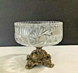 VTG Round Cut Crystal/Cast Metal Pedestal 7-3/4” dia. Compote Center Piece Bowl  - Picture 1 of 6