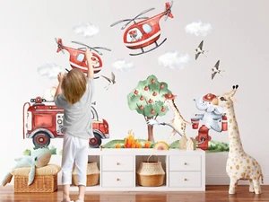 African Animal Fire Brigade Fire Truck Helicopter Wall Fabric Decal Set Sticker - Picture 1 of 5
