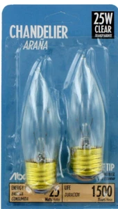 25W CLEAR FLAME TIP CHANDELIER BULB - 2-PACK #03764 - Picture 1 of 2