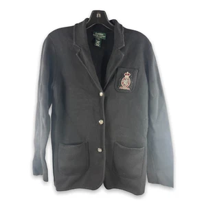 Lauren Ralph Lauren Petite Women’s Wool Blazer Jacket Logo Crest Black P/M - Picture 1 of 7