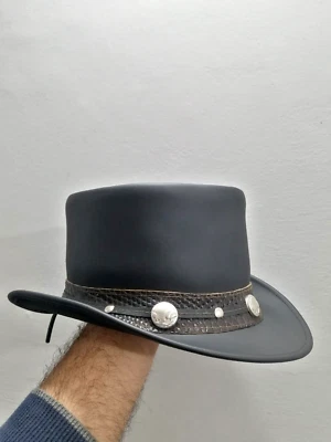Sombrero de copa de cuero genuino negro banda gótica Steampunk Deadman motociclista sombrero de copa Foto 1 de 4