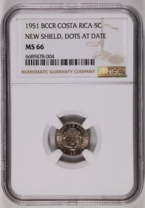 1951 BCCR Costa Rica 5 Centimos - New Shield, Dots at Date - NGC MS 66 - Picture 1 of 2