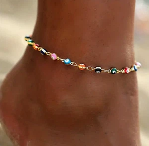 🧿✨ Lucky Evil Eye Beads Anklet Bracelet – 14K Gold Plated Protection Chain 💛👣 - Picture 1 of 5