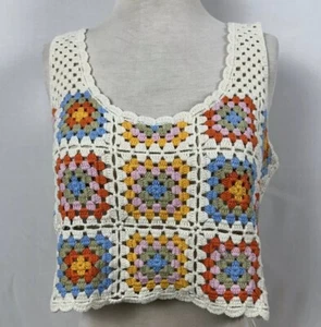 Damen Häkel Strick Granny Square Cropped Mehrfarbig Tank Top Boho Größe M - Bild 1 von 13
