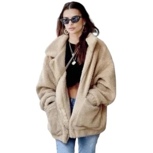 C&C California Teddy Bear Faux Fur Fuzzy Oversized Winter Coat Beige Women's L - Picture 1 of 14
