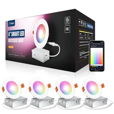 4 Pack 4 Inch Smart LED Recessed Lighting, WiFi Bluetooth Canless Downlight w... - Image 1 of 4