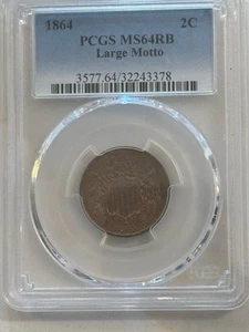 1864 Large Motto 2 Cent Piece. NGC MS64RB - Picture 1 of 4