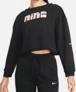 New🌿 Nike Women Fleece Training Sweatshirt Dri-Fit Cropped Pink Black Size L - Picture 1 of 6