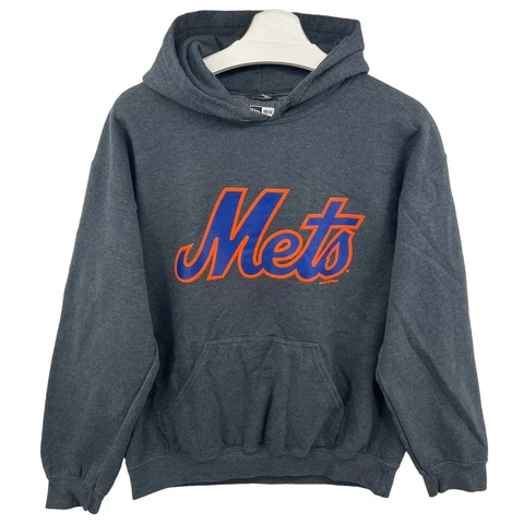 New York Mets Hoodie Mens Medium Pullover New Era Spellout Gray Sweatshirt Cover