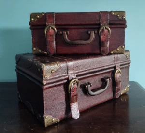 VTG Train Travel Trunks Burgundy Large & Small Suitcase Set Highly Decorative - Picture 1 of 21
