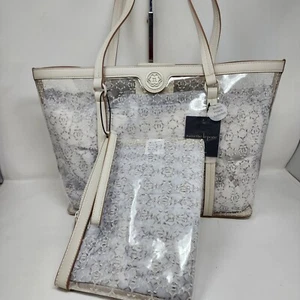 Nanette Lepore Tote Womens Maxine Clear Handbag Vegan Logo Allover Zip Wrislet - Picture 1 of 10
