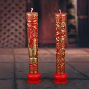 1 Pair Exquisite Carving Golden Dragon and Phoenix Pattern Wedding Red Candle - Picture 1 of 4
