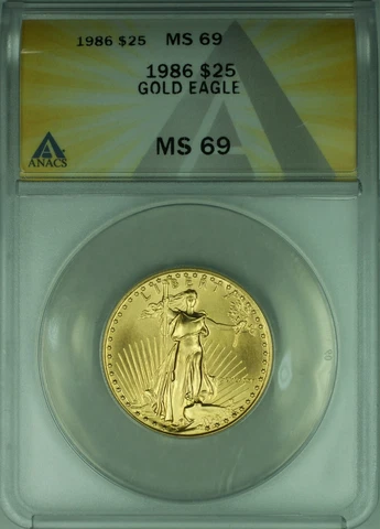 1986 $25 1/2 Oz American Gold Eagle AGE Coin ANACS MS-69 Cover