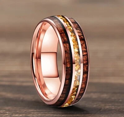 8MM Men Women Koa Wood Gold Color Crystal Stone Inlay Tungsten Carbide Ring Band - Image 1 of 4