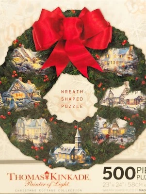 Vintage Christmas Wreath Jigsaw Puzzle 500 SEALED Thomas Kincade Red Bow Church - Image 1 of 4