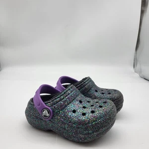 Crocs Purple & Green Glitter Fleece Lined Sandals Size 5 Childs Toddler  - Picture 1 of 12
