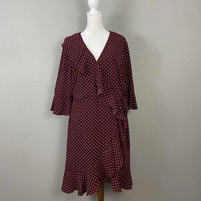 Vestido Adrianna Papell Imitación Envolvente Talla 12 Borgoña Lunares Volantes Corbata Funda Foto 1 de 4