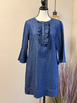 Draper James Chambray оборки Shift платье темно стирка джинсовой ткани размер 4 новый с Ярлыками - Изображение 1 из 4
