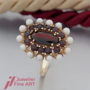 Ring - 13 Granat- Steine - 14 kleine Süßwasser-Zucht-Perlen - 14K/585 Gelbgold - Bild 1 von 5