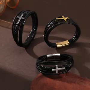 Bracciale Uomo Croce Multistrato Acciaio Inox Moda Pelle Classico Regalo - Foto 1 di 8
