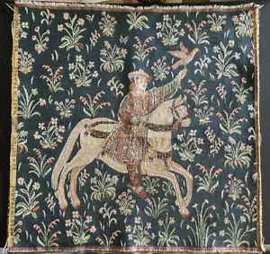Pannello Arazzo Francese Uomo Cavallo Uccellino Fiori 20” per Copricuscino Appeso a Parete - Foto 1 di 4