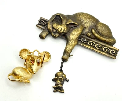 Alfileres para gato y ratón chapados en oro multitono / Juego de 2 Foto 1 de 4