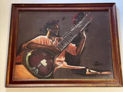 Pintura de retrato de Ravi Shankar músico indio famoso firmado arte original de los años 70 Foto 1 de 4