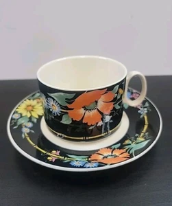 VILLEROY & BOCH “XENIA” Porcelaine Cup and Saucer Black Orange Blue Floral - Picture 1 of 6