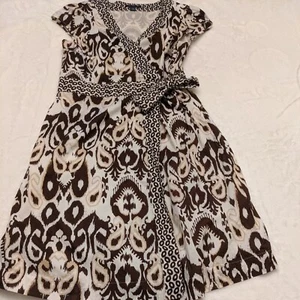 Tommy Hilfiger Wrap Dress Size L Brown And White Short Sleeve Bow Buttons Lining - Picture 1 of 12