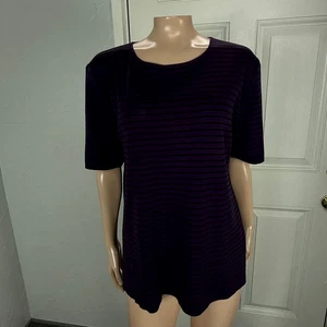 Exclusively Misook Women's Blouse Shirt L Short Sleeve Acrylic Black Stripe U7 - Bild 1 von 5