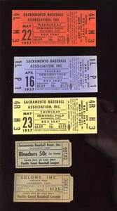 1957 Pacific Coast League Baseball Sacramento Solons Tickets 5 Different - Picture 1 of 1
