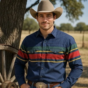 Vintage Wrangler Western Hemd Herren XL Streifen horizontal gestreift 90er Perlen Druckknöpfe - Bild 1 von 23