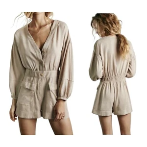 Zara Playsuit Romper Patch Pockets Elastic Waistband V Neck Sand Summer Size S - Picture 1 of 10