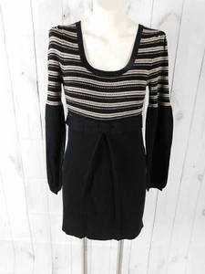 Nanette Lepore Pulloverkleid schwarz beige Merinowolle gestreift Schleife Plissee LS - S - Bild 1 von 5