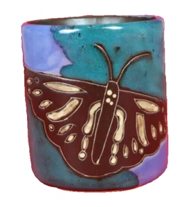Design By Mara Mexico Schmetterling Keramik Steinzeug blau/grün Vintage Becher Tasse signiert - Bild 1 von 9