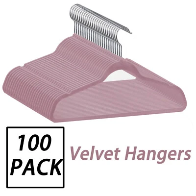 100 Pack Premium Velvet Clothes Hangers Coat Shirt Hangers 360° Swivel Pink - Image 1 of 4