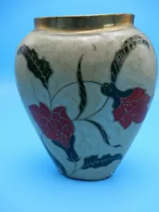 Vintage Cloisonne Brass Enamel Heavy Flat Vase with Flowers 5 1/2 Inch - Imagen 1 de 10