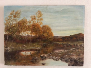 VINTAGE Signed Oil Painting on Canvas Autumn River Trees Landscape 18X24in - Picture 1 of 8