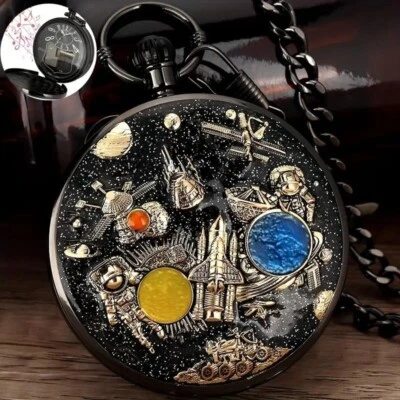 Space Series Music Black Pocket Watch Quartz Chain Necklace Watches Collectibles - Image 1 of 3