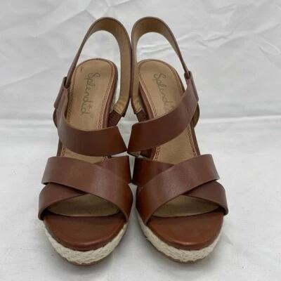 Splendid Dallis Wedge Platform Braided Raffia Strappy Brown Leather Sandal Sz 7 - Image 1 of 4