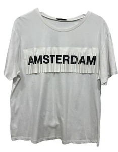 Zara Amsterdam T-Shirt Size L White NWOT Fringe Short Sleeve Crew Neck Tee Top - Picture 1 of 5