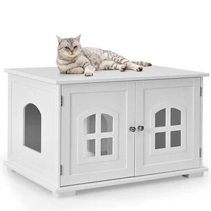 Large Wooden Cat Litter Box Enclosure Hidden Cat Washroom w/ Divider White - Picture 1 of 10