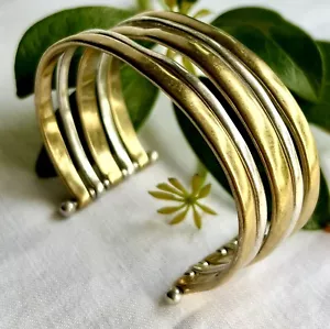 Lucky Brand Cuff Bracelet Brass & Chrome Bands 2 5/8” Diameter Adj Pre Owned - Picture 1 of 6